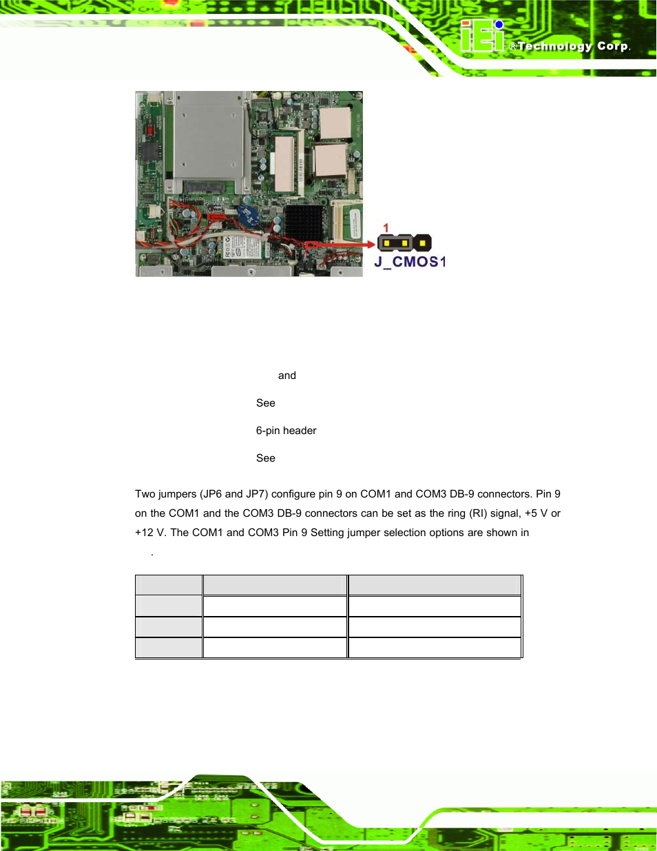 5 com port pin 9 select, Figure 4-7: clear cmos jumper, Table 4-5: com1 pin 9 setting jumper settings | See figure 4-7, Own in figure 4-7 | IEI Integration AFL-15A-N270 v2.10 User Manual | Page 47 / 159