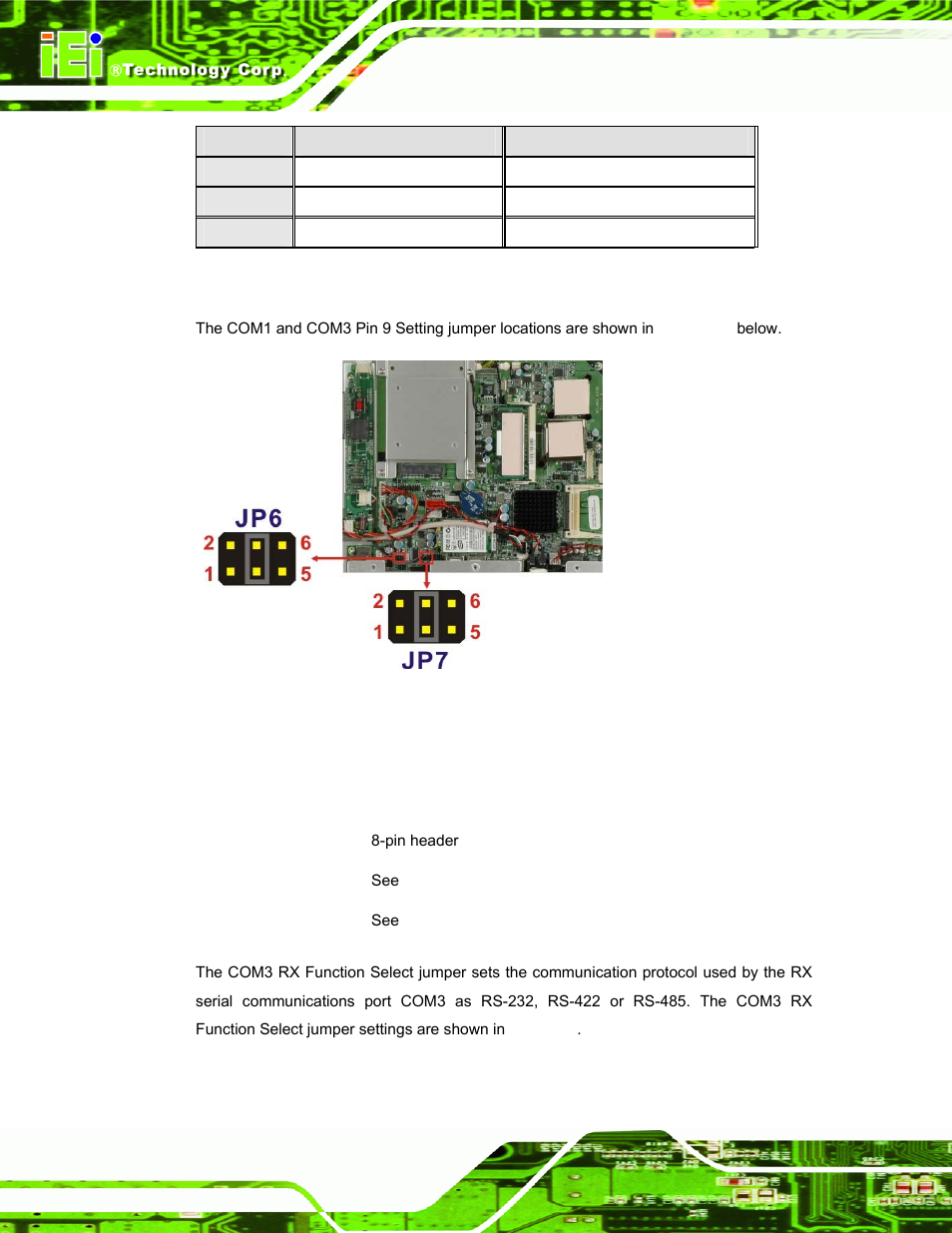 6 com3 rx function select jumper, Table 4-6: com3 pin 9 setting jumper settings, See figure 4-8 | IEI Integration AFL-15A-N270 v2.10 User Manual | Page 48 / 159