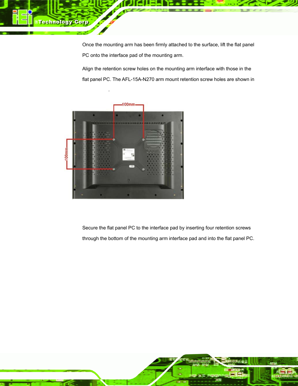 Figure 4-17: arm mounting retention screw holes | IEI Integration AFL-15A-N270 v2.10 User Manual | Page 58 / 159