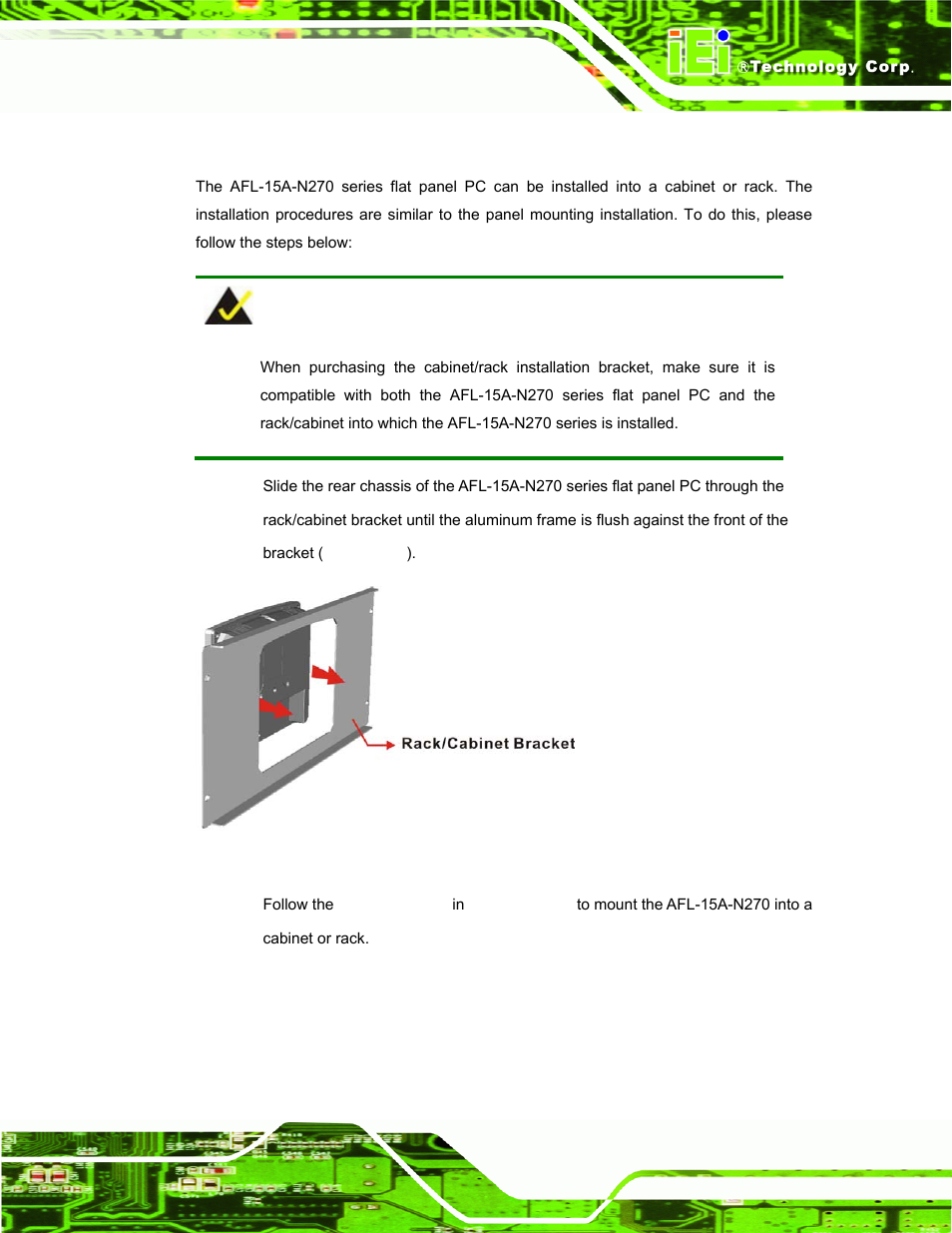 4 cabinet and rack installation, Figure 4-18: the rack/cabinet bracket | IEI Integration AFL-15A-N270 v2.10 User Manual | Page 59 / 159