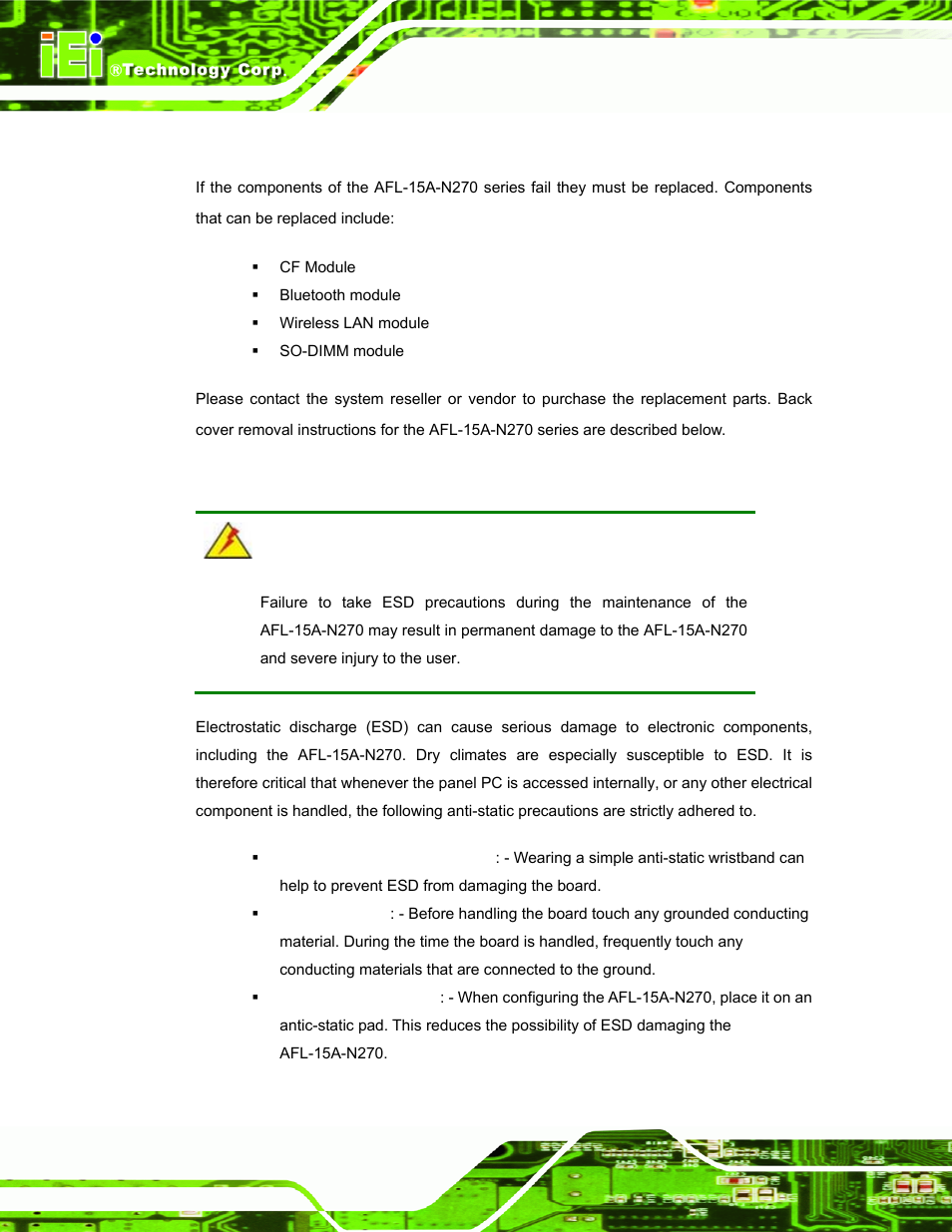 1 system maintenance introduction, 2 anti-static precautions, Ystem | Aintenance, Ntroduction, Static, Recautions | IEI Integration AFL-15A-N270 v2.10 User Manual | Page 64 / 159