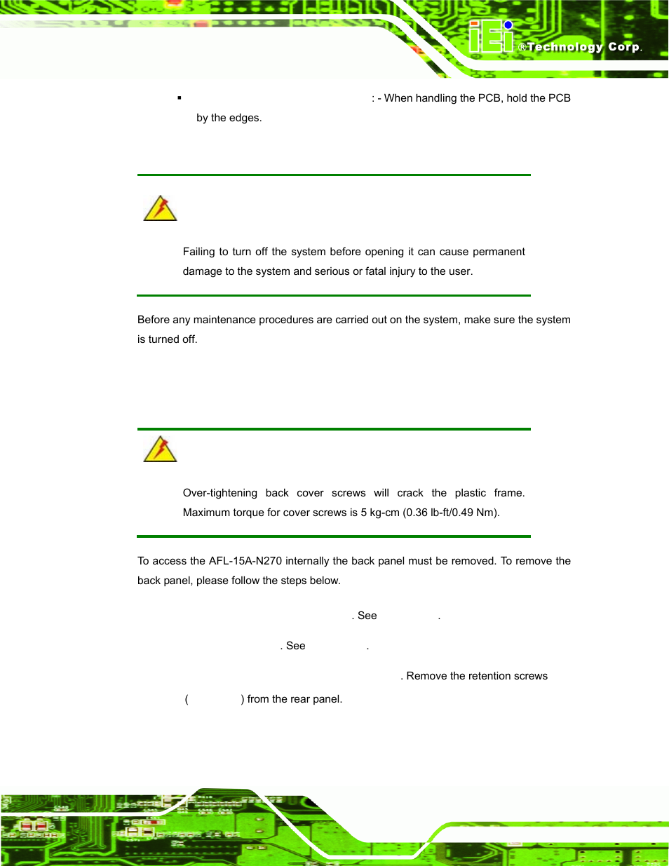 3 turn off the power, 4 opening the system, 1 removing the back panel | Urn off the, Ower, Pening the, Ystem | IEI Integration AFL-15A-N270 v2.10 User Manual | Page 65 / 159