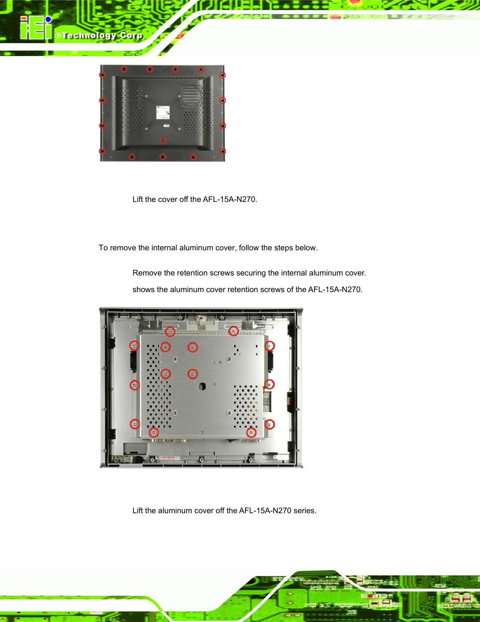2 internal aluminum cover removal, Figure 5-1: back cover retention screws, Figure 5-2: aluminum back cover retention screws | IEI Integration AFL-15A-N270 v2.10 User Manual | Page 66 / 159