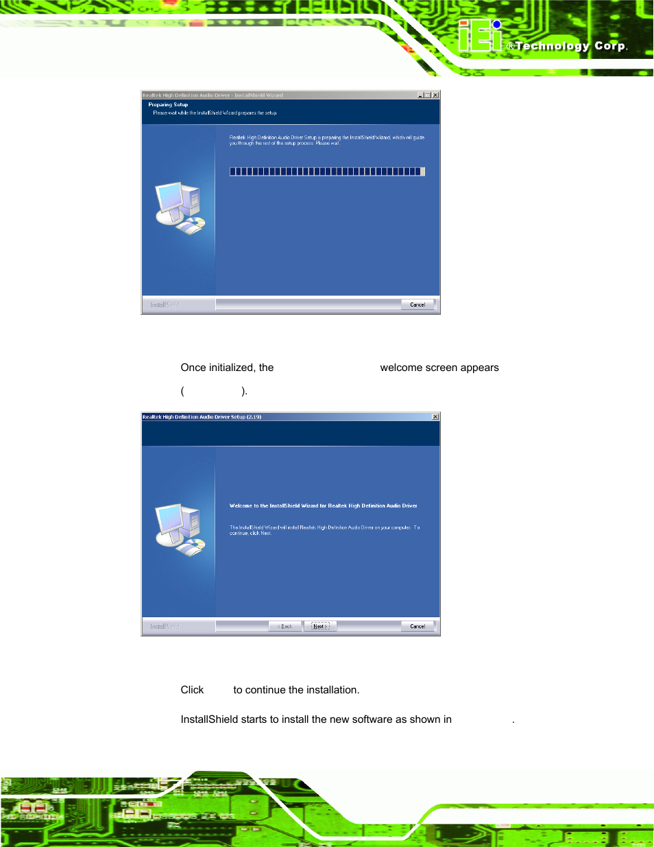 Figure 7-16: preparing setup screen, Figure 7-17: installshield wizard welcome screen, Figure 7-16 ) | IEI Integration AFL-15A-N270 v2.20 User Manual | Page 123 / 158