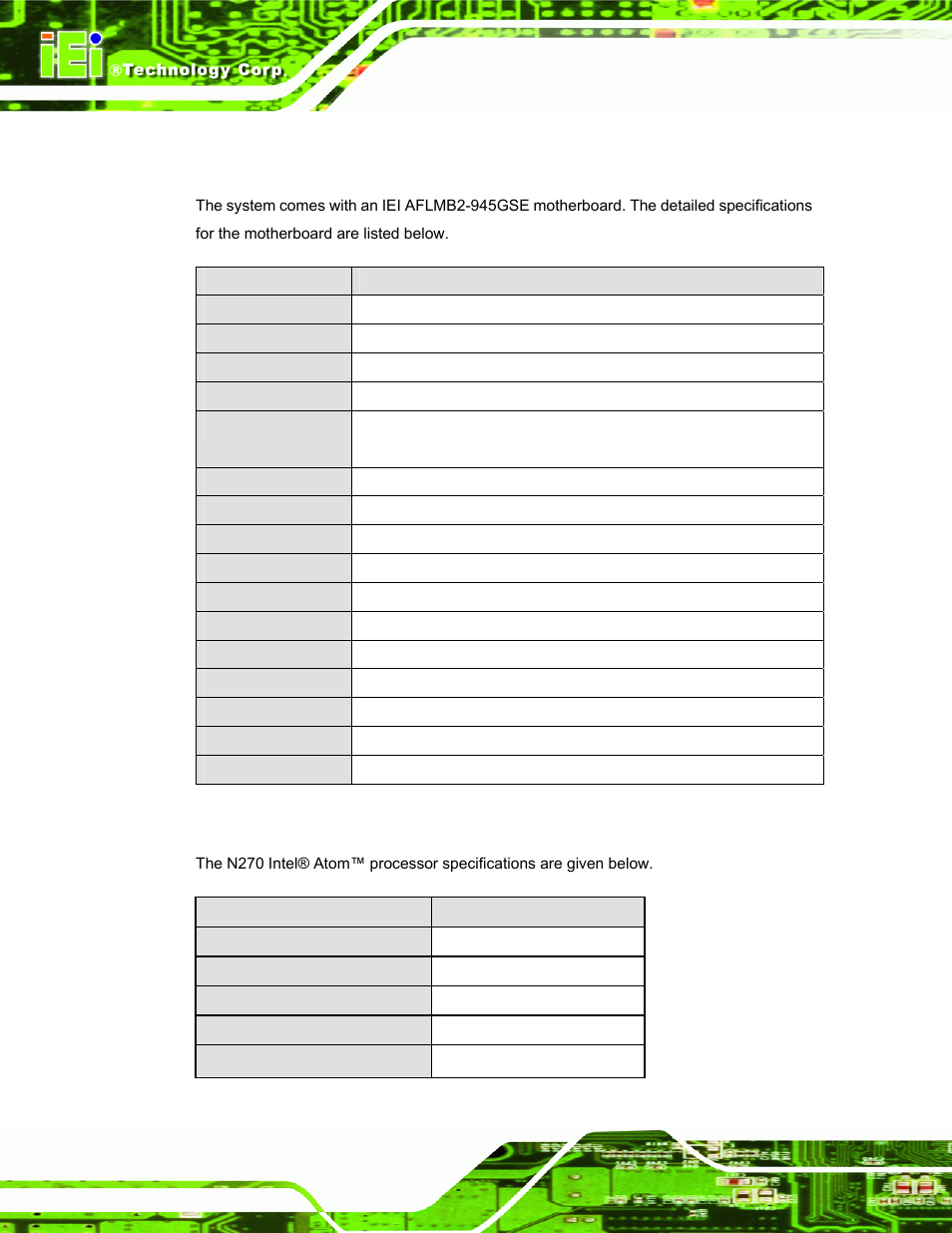 A.1 motherboard specifications, A.2 processor specifications, Otherboard | Pecifications, Rocessor | IEI Integration AFL-15A-N270 v2.20 User Manual | Page 140 / 158
