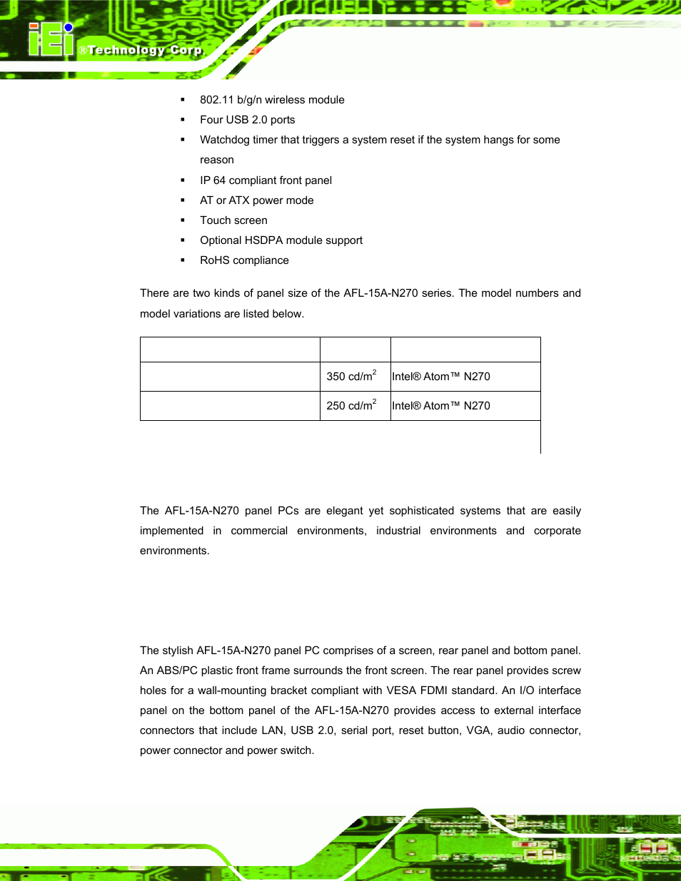 2 applications, 2 external overview, 1 general description | Xternal, Verview, Table 1-1: model variations | IEI Integration AFL-15A-N270 v2.20 User Manual | Page 16 / 158