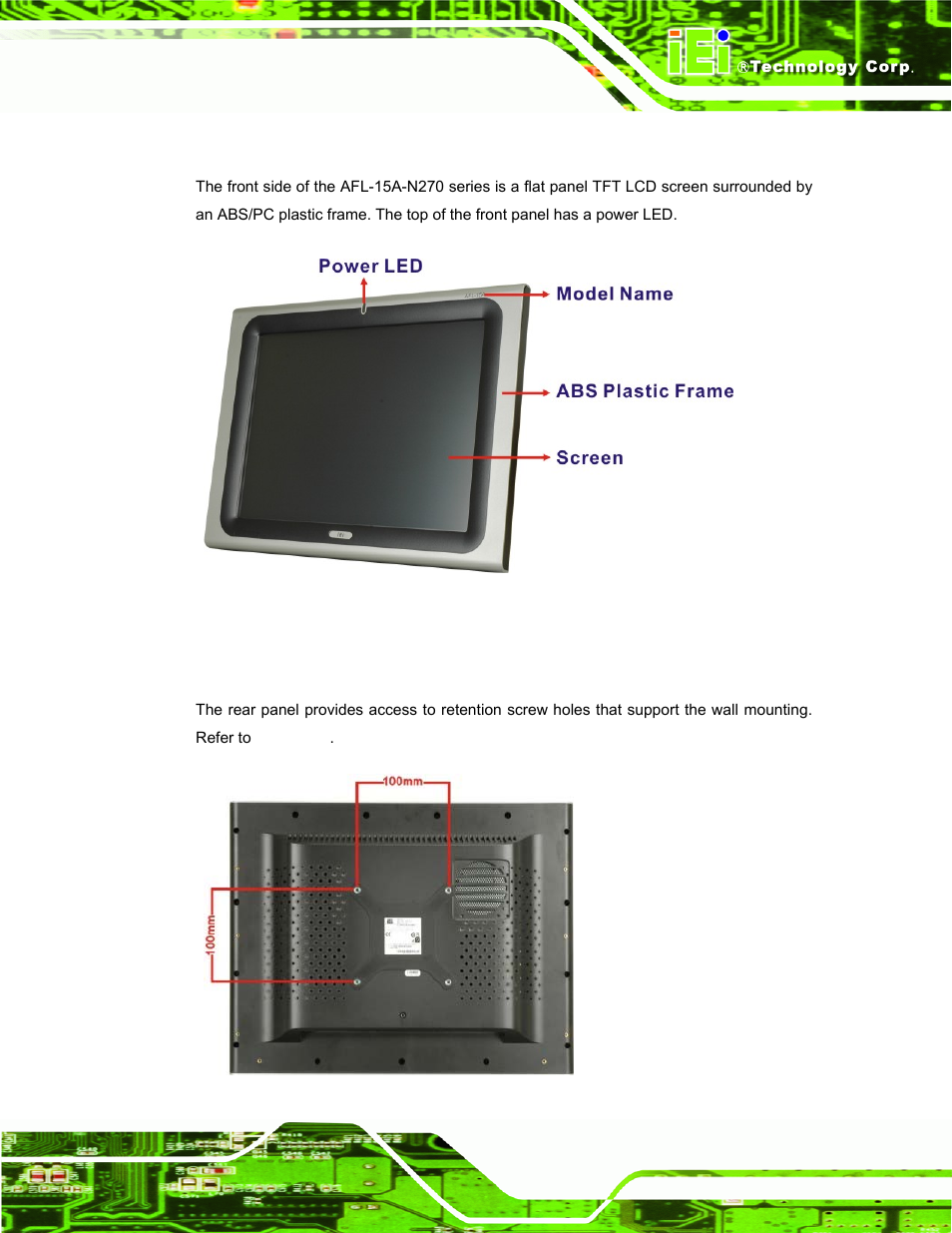 2 front panel, 3 rear panel, Figure 1-2: afl-15a-n270 front view | IEI Integration AFL-15A-N270 v2.20 User Manual | Page 17 / 158