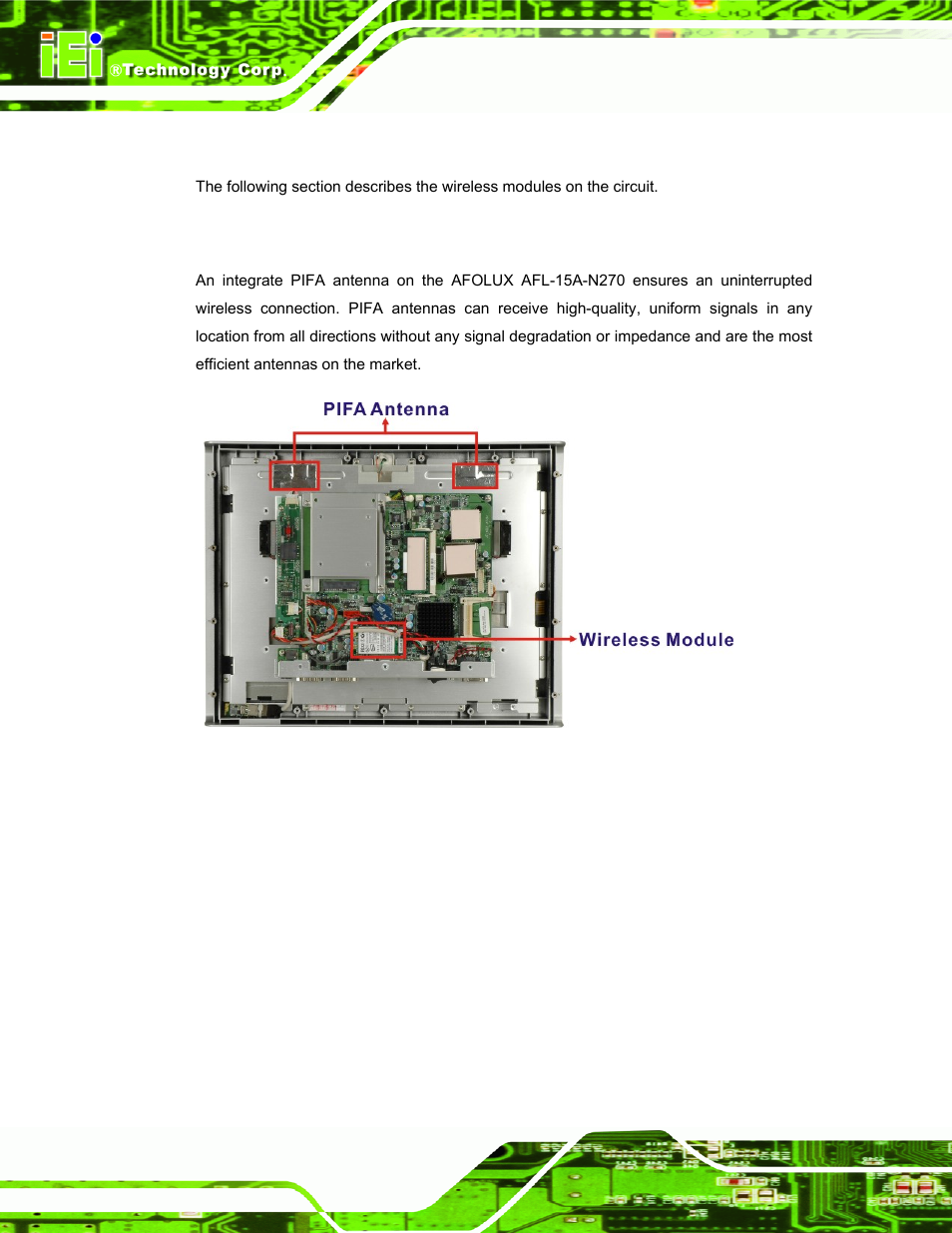9 wireless connections, 1 wireless ethernet, Ireless | Onnections, Figure 2-11: pifa antenna and wireless module | IEI Integration AFL-15A-N270 v2.20 User Manual | Page 30 / 158