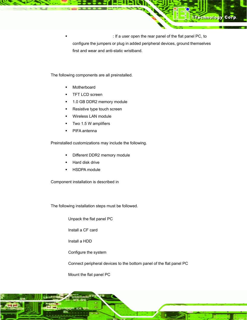 3 preinstalled components, 4 installation and configuration steps, Reinstalled | Omponents, Nstallation and, Onfiguration, Teps | IEI Integration AFL-15A-N270 v2.20 User Manual | Page 37 / 158