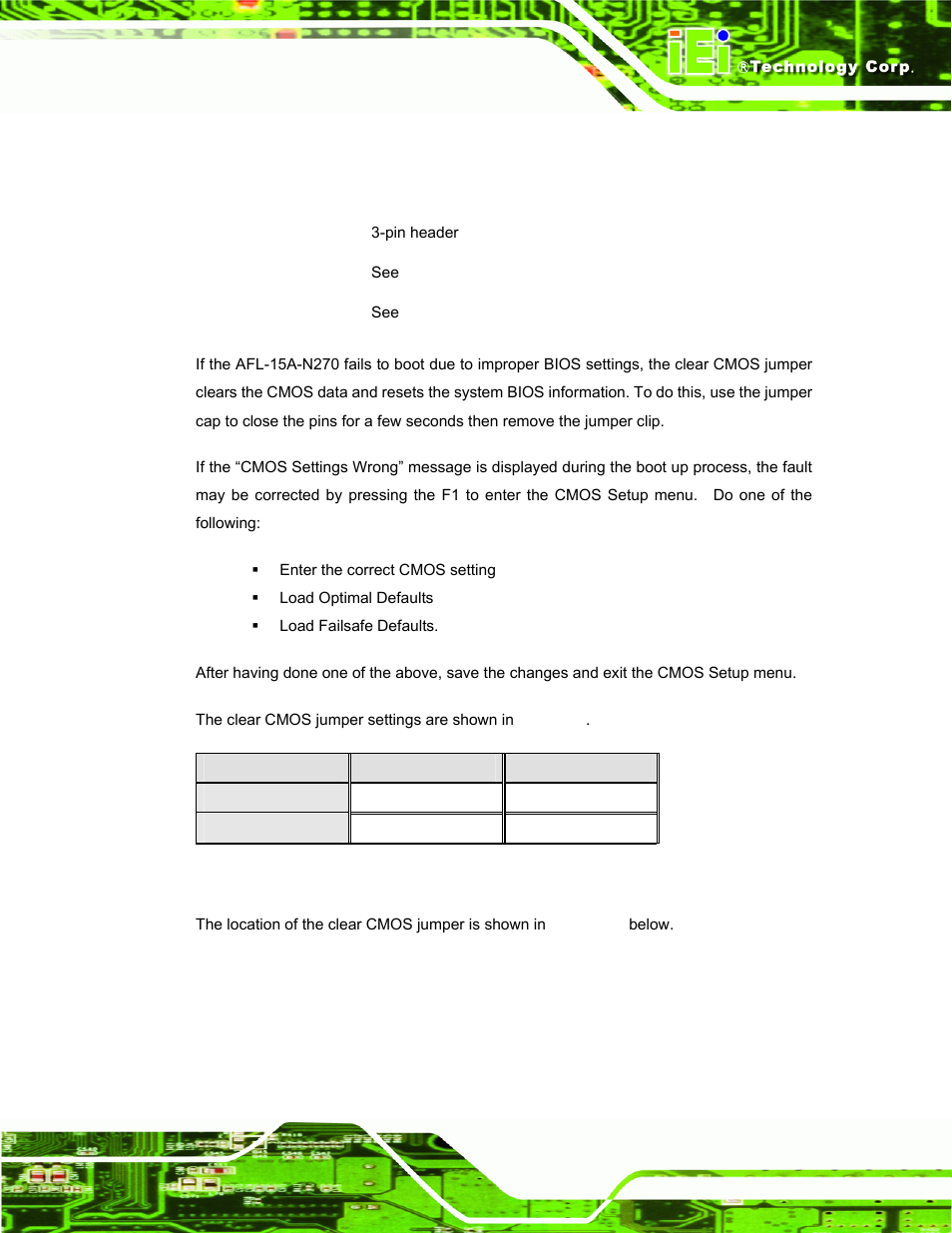 4 clear cmos jumper, Table 4-4: clear cmos jumper settings | IEI Integration AFL-15A-N270 v2.20 User Manual | Page 45 / 158