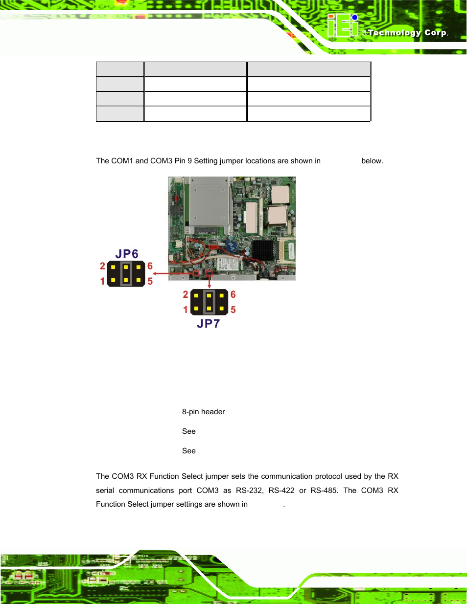 6 com3 rx function select jumper, Table 4-6: com3 pin 9 setting jumper settings, See figure 4-8 | IEI Integration AFL-15A-N270 v2.20 User Manual | Page 47 / 158