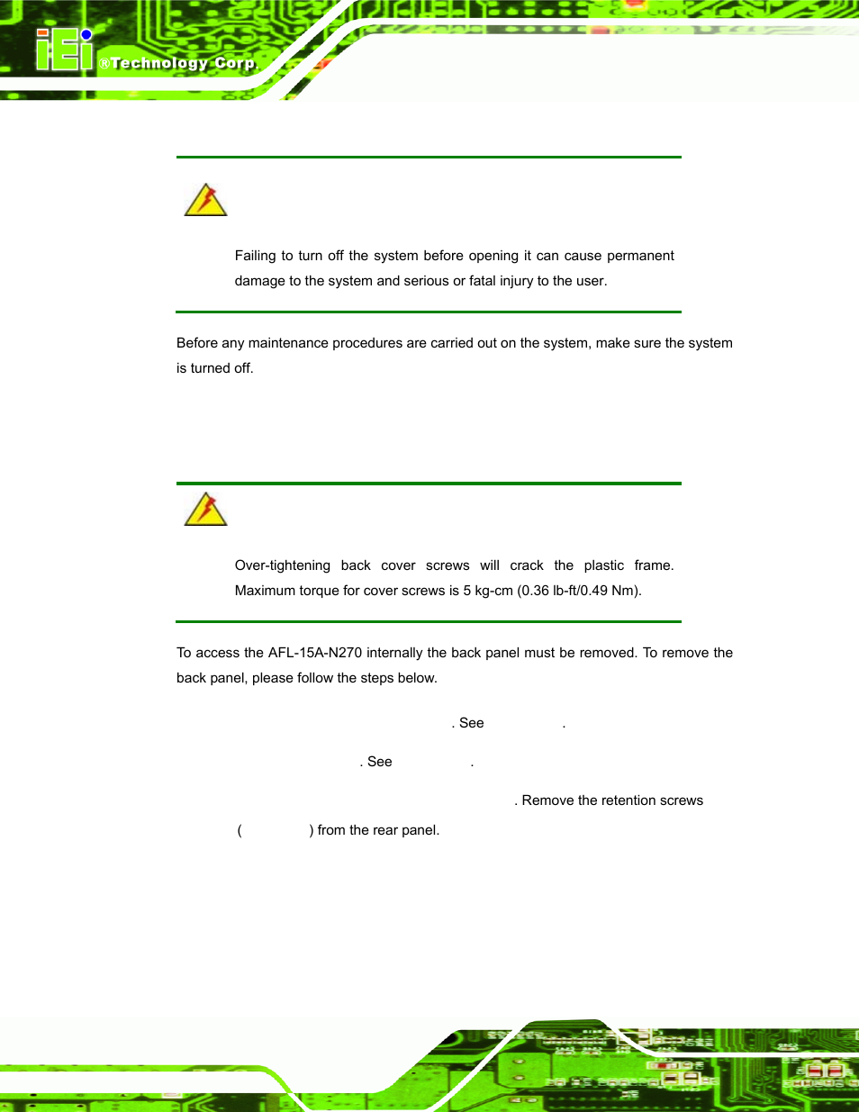 3 turn off the power, 4 opening the system, 1 removing the back panel | Urn off the, Ower, Pening the, Ystem | IEI Integration AFL-15A-N270 v2.20 User Manual | Page 64 / 158