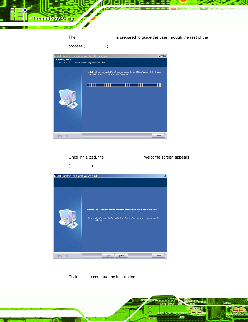 Figure 6-20: preparing setup screen, Figure 6-21: installshield wizard welcome screen | IEI Integration AFL-ххA-N26 User Manual | Page 110 / 152