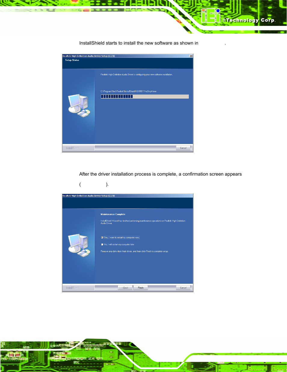 Figure 6-22: audio driver software configuration, Figure 6-23: restart the computer | IEI Integration AFL-ххA-N26 User Manual | Page 111 / 152