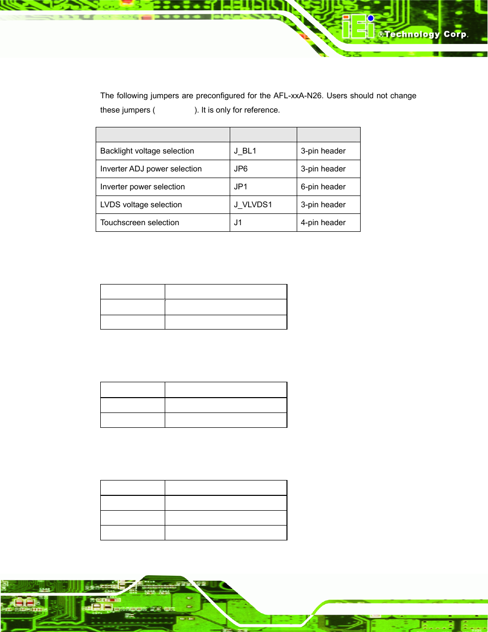 4 preconfigured jumper settings, 1 backlight voltage selection jumper (j_bl1), 2 inverter adj power selection jumper (jp6) | 3 inverter power selection jumper (jp1), Reconfigured, Umper, Ettings, Table 7-38: preconfigured jumpers | IEI Integration AFL-ххA-N26 User Manual | Page 135 / 152