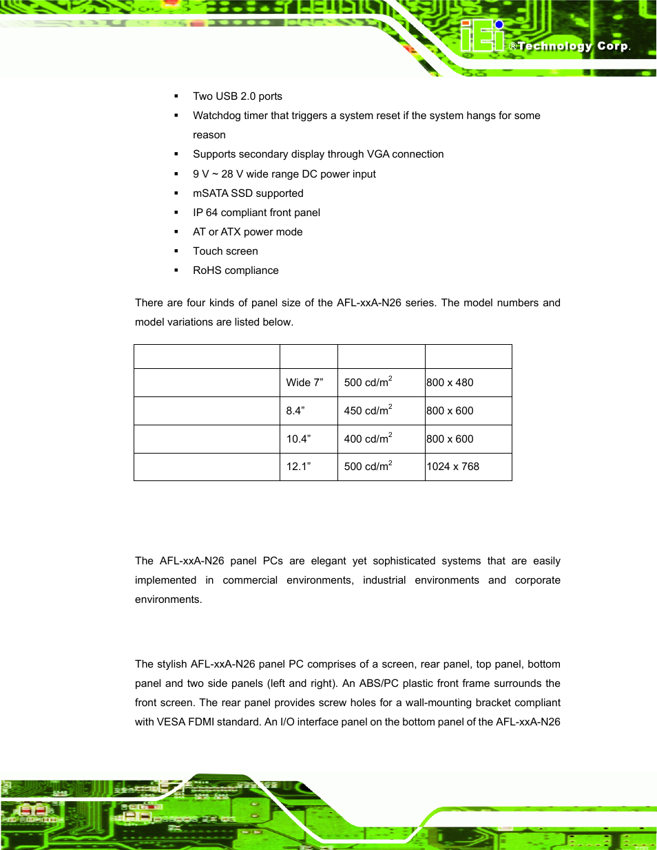 2 applications, 2 external overview, Xternal | Verview, Table 1-1: model variations | IEI Integration AFL-ххA-N26 User Manual | Page 17 / 152