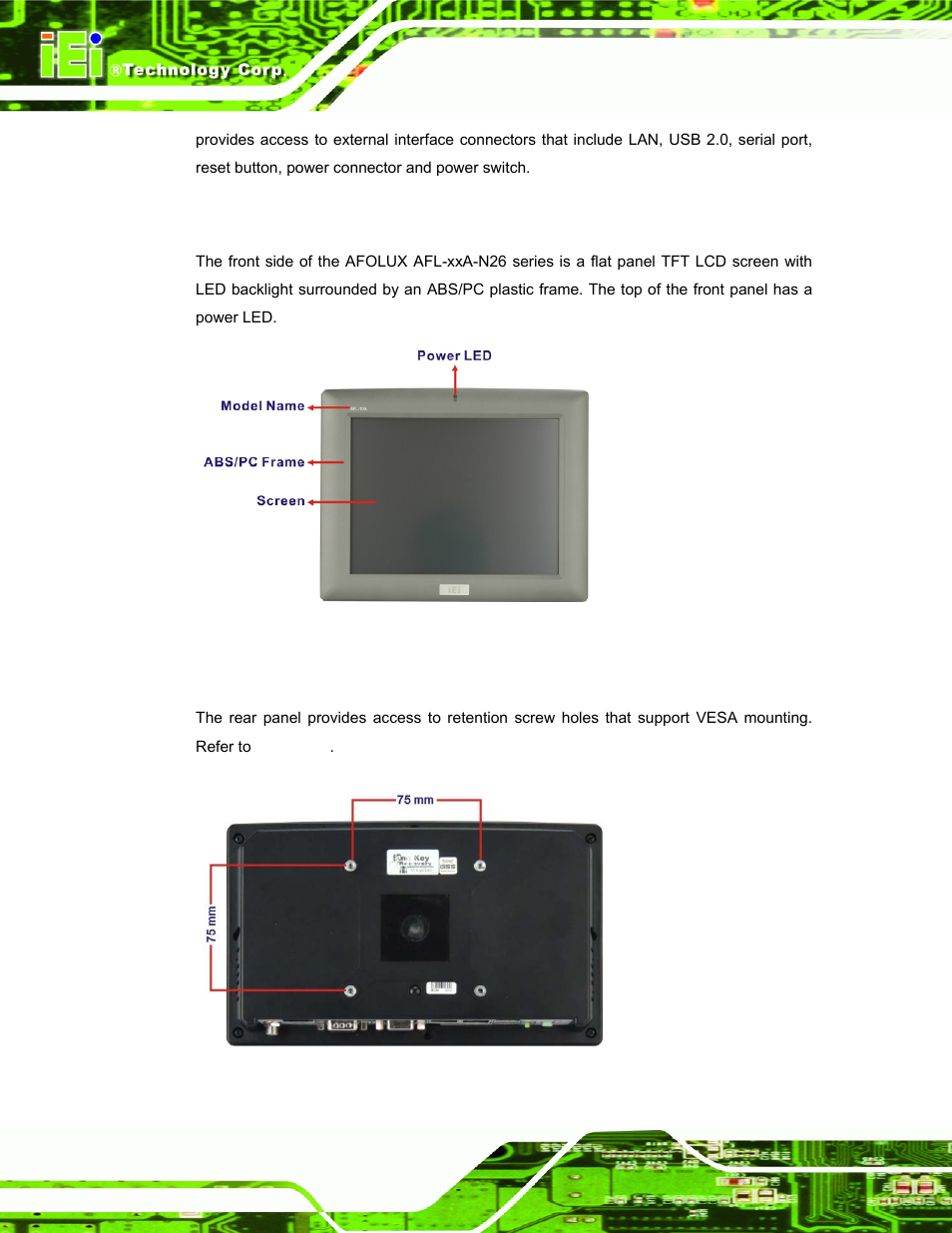 1 front panel, 2 rear panel, Figure 1-2: afl-xxa-n26 front view | Figure 1-3: afl-xxa-n26 rear view | IEI Integration AFL-ххA-N26 User Manual | Page 18 / 152