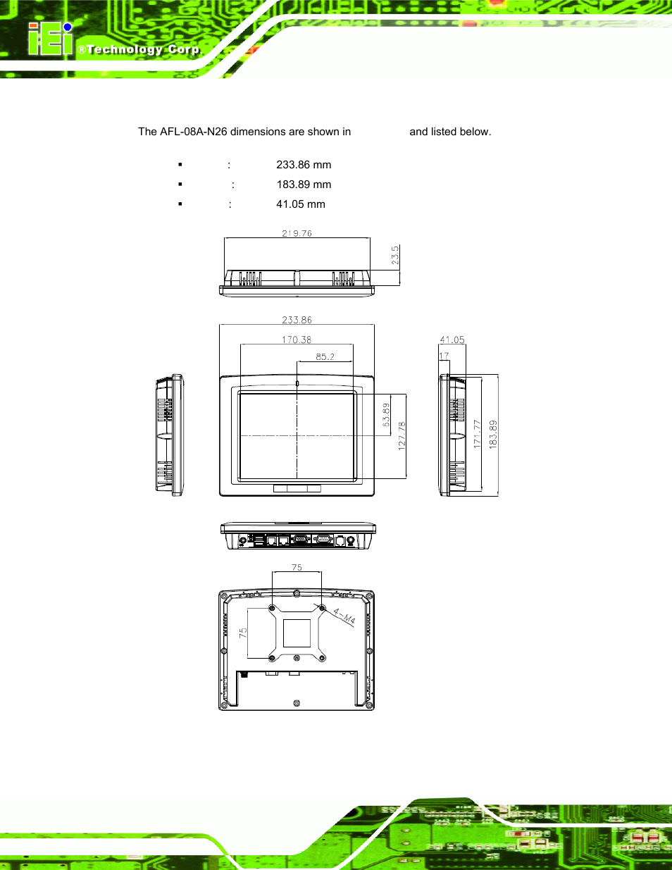 2 afl-08a-n26 dimensions, Figure 1-9: afl-08a-n26 dimensions (mm) | IEI Integration AFL-ххA-N26 User Manual | Page 22 / 152