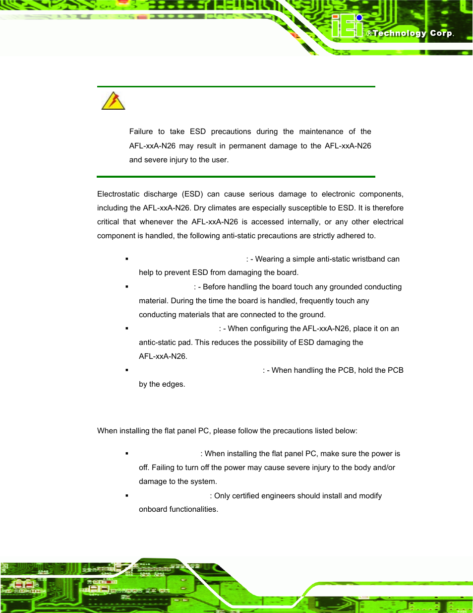 1 anti-static precautions, 2 installation precautions, Static | Recautions, Nstallation | IEI Integration AFL-ххA-N26 User Manual | Page 33 / 152