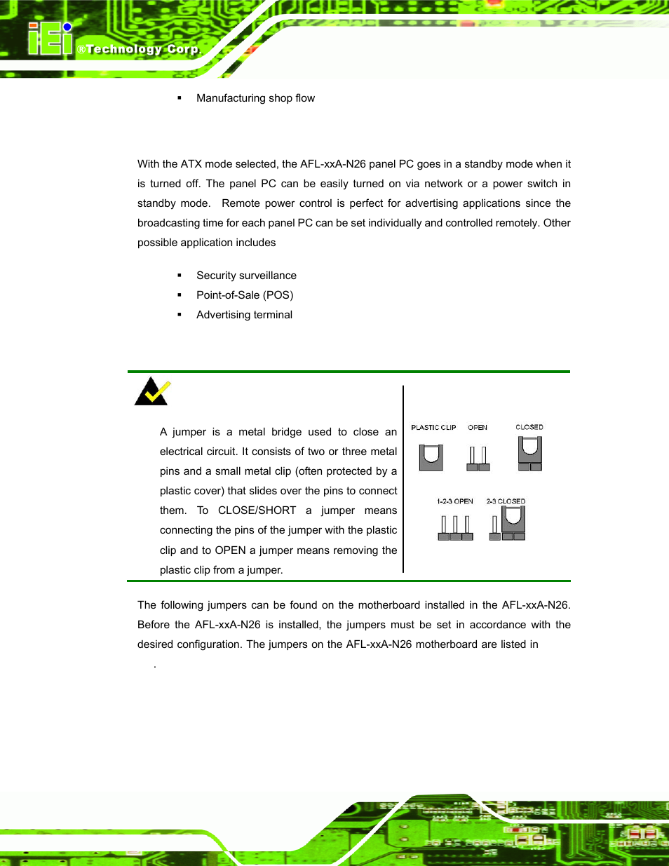 2 atx power mode, 8 jumper settings, Umper | Ettings | IEI Integration AFL-ххA-N26 User Manual | Page 42 / 152