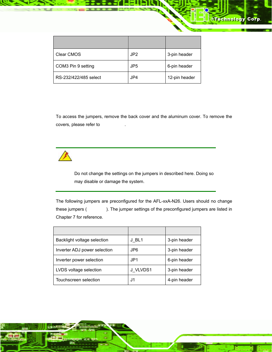 1 access the jumpers, 2 preconfigured jumpers, Table 3-1: jumpers | Table 3-2: preconfigured jumpers | IEI Integration AFL-ххA-N26 User Manual | Page 43 / 152