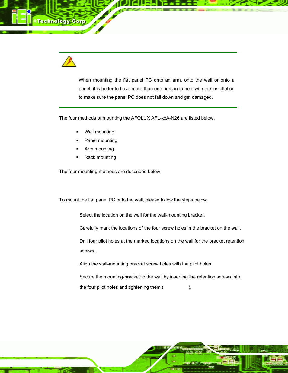9 mounting the system, 1 wall mounting, Ounting the | Ystem | IEI Integration AFL-ххA-N26 User Manual | Page 48 / 152