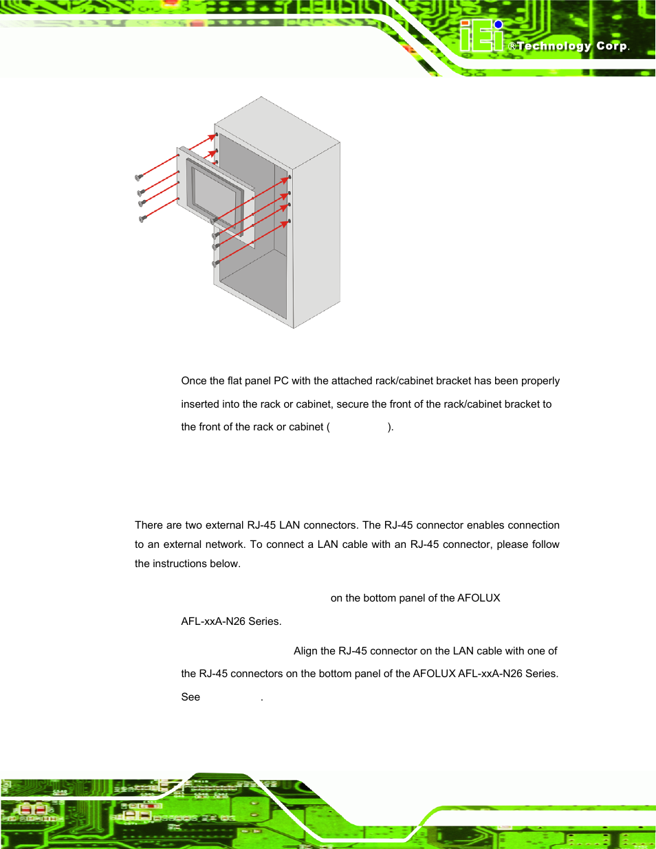 10 bottom panel connectors, 1 lan connection, Ottom | Anel, Onnectors, Figure 3-28: install into a rack/cabinet | IEI Integration AFL-ххA-N26 User Manual | Page 57 / 152