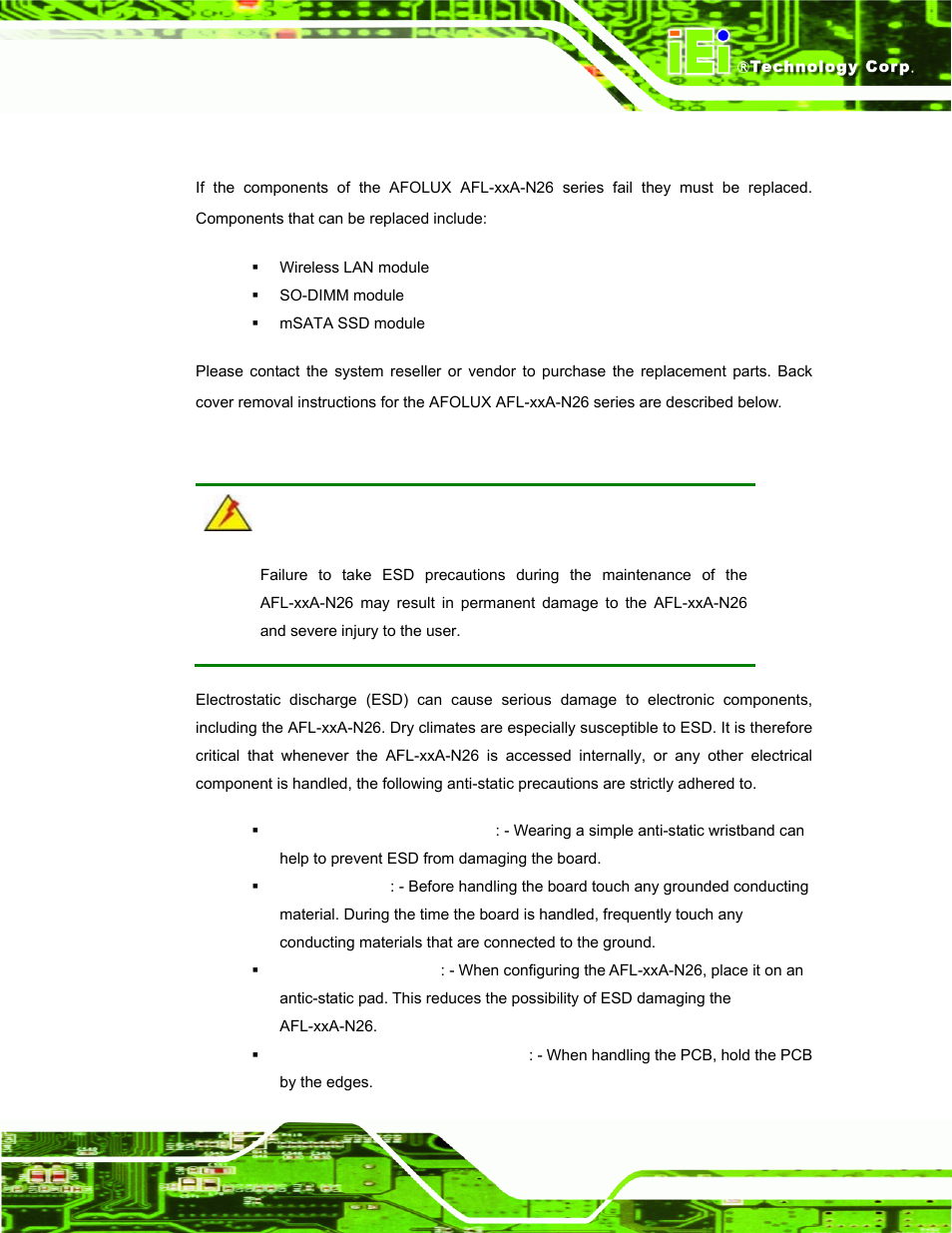 1 system maintenance introduction, 2 anti-static precautions, Ystem | Aintenance, Ntroduction, Static, Recautions | IEI Integration AFL-ххA-N26 User Manual | Page 63 / 152