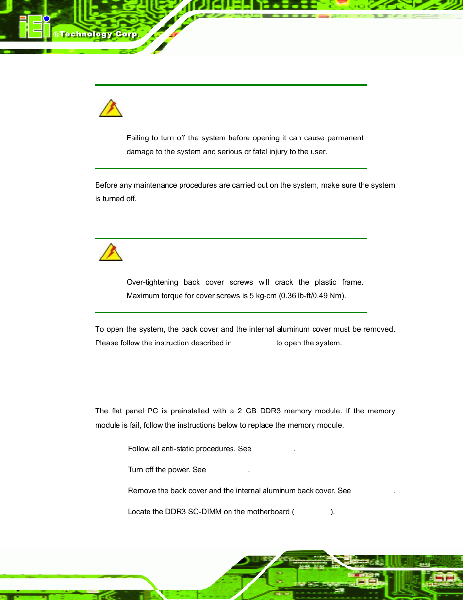 3 turn off the power, 4 opening the system, 5 replacing components | 1 memory module replacement, Urn off the, Ower, Pening the, Ystem, Eplacing, Omponents | IEI Integration AFL-ххA-N26 User Manual | Page 64 / 152