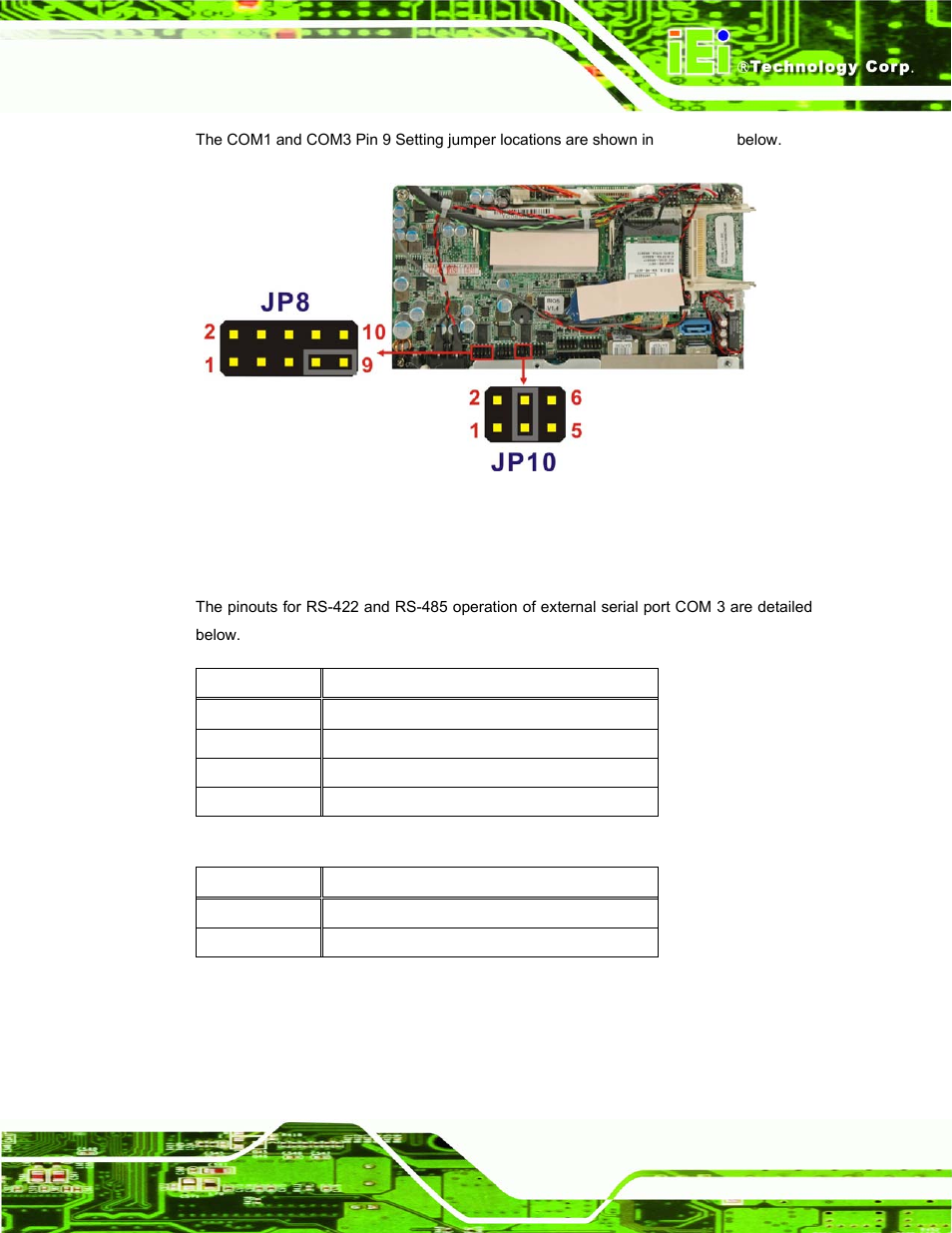 1 com3 rs-422 and rs-485 pinouts, Table 4-6: rs-422 pinouts, Table 4-7: rs-485 pinouts | See figure 4-8 | IEI Integration AFL-xxA-N270-Series v1.03 User Manual | Page 55 / 171