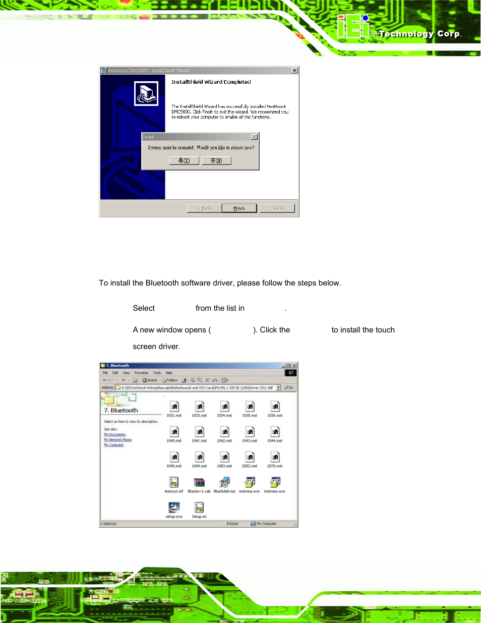 8 bluetooth driver, Luetooth, River | Figure 7-28: reboot the computer, Figure 7-29: bluetooth driver icon | IEI Integration AFL-xxA-N270-Series v2.00 User Manual | Page 140 / 171