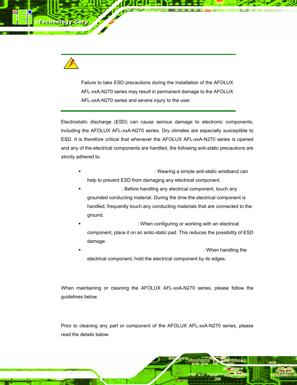 B.1.2 anti-static precautions, B.2 maintenance and cleaning precautions, B.2.1 maintenance and cleaning | Aintenance and, Leaning, Recautions | IEI Integration AFL-xxA-N270-Series v2.00 User Manual | Page 155 / 171