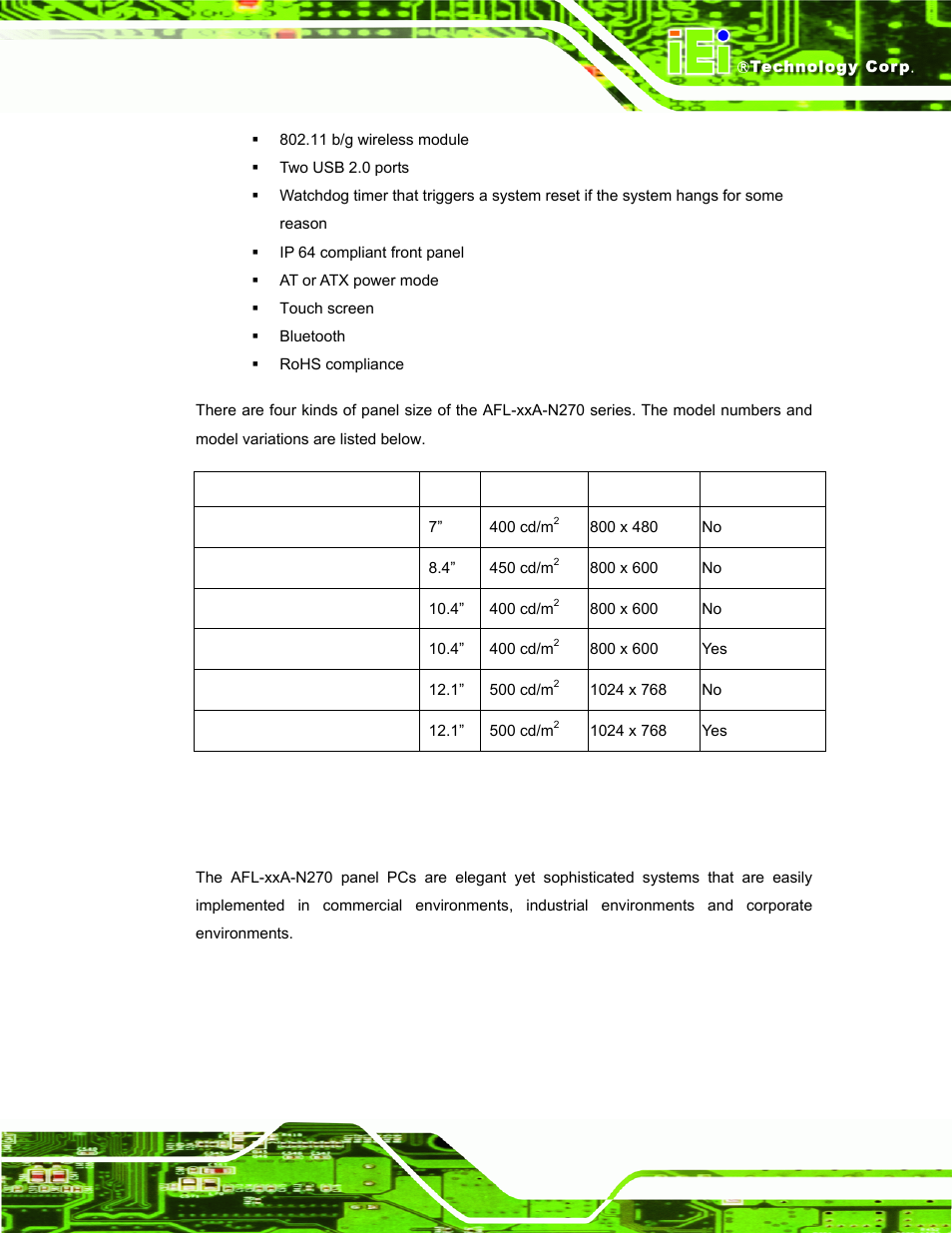 2 applications, Table 1-1: model variations | IEI Integration AFL-xxA-N270-Series v2.00 User Manual | Page 18 / 171