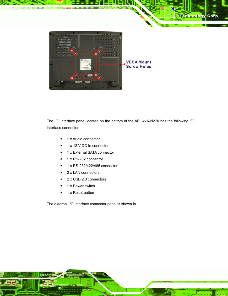 4 i/o interface panel, Figure 1-3: afl-xxa-n270 rear view | IEI Integration AFL-xxA-N270-Series v2.00 User Manual | Page 20 / 171