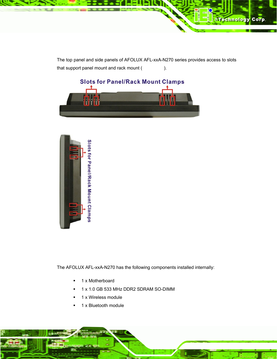 5 top panel and side panels, 3 internal overview, Nternal | Verview, Figure 1-5: afl-xxa-n270 top view, Figure 1-6: afl-10a-n270 side view | IEI Integration AFL-xxA-N270-Series v2.00 User Manual | Page 22 / 171