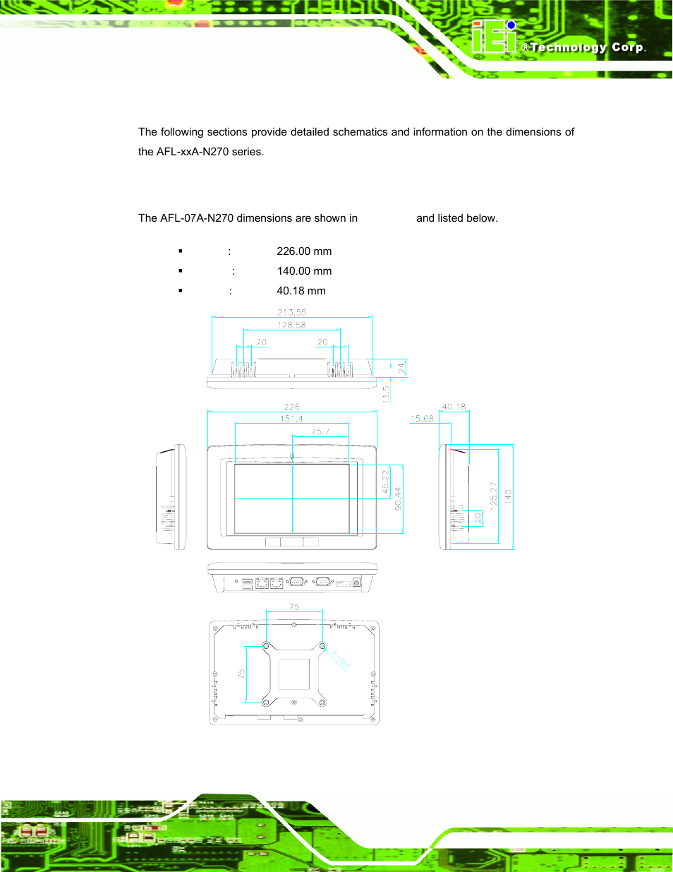 1 dimensions, 1 afl-07a-n270 dimensions, Imensions | Figure 2-1: afl-07a-n270 dimensions (mm) | IEI Integration AFL-xxA-N270-Series v2.00 User Manual | Page 26 / 171