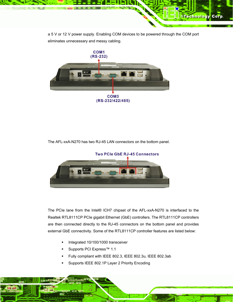 2 lan connectivity, Figure 2-6: com ports, Figure 2-7: rj-45 ethernet connectors | IEI Integration AFL-xxA-N270-Series v2.00 User Manual | Page 32 / 171