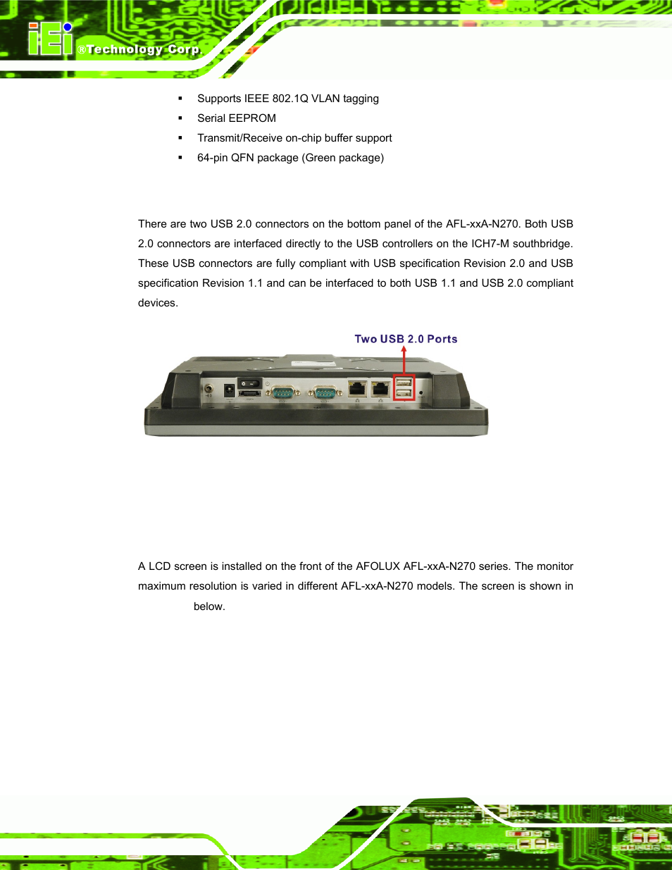 3 external usb connectors, 5 afolux afl-xxa-n270 front side, 1 monitor | Afolux, A-n270, Ront, Figure 2-8: external usb ports | IEI Integration AFL-xxA-N270-Series v2.00 User Manual | Page 33 / 171