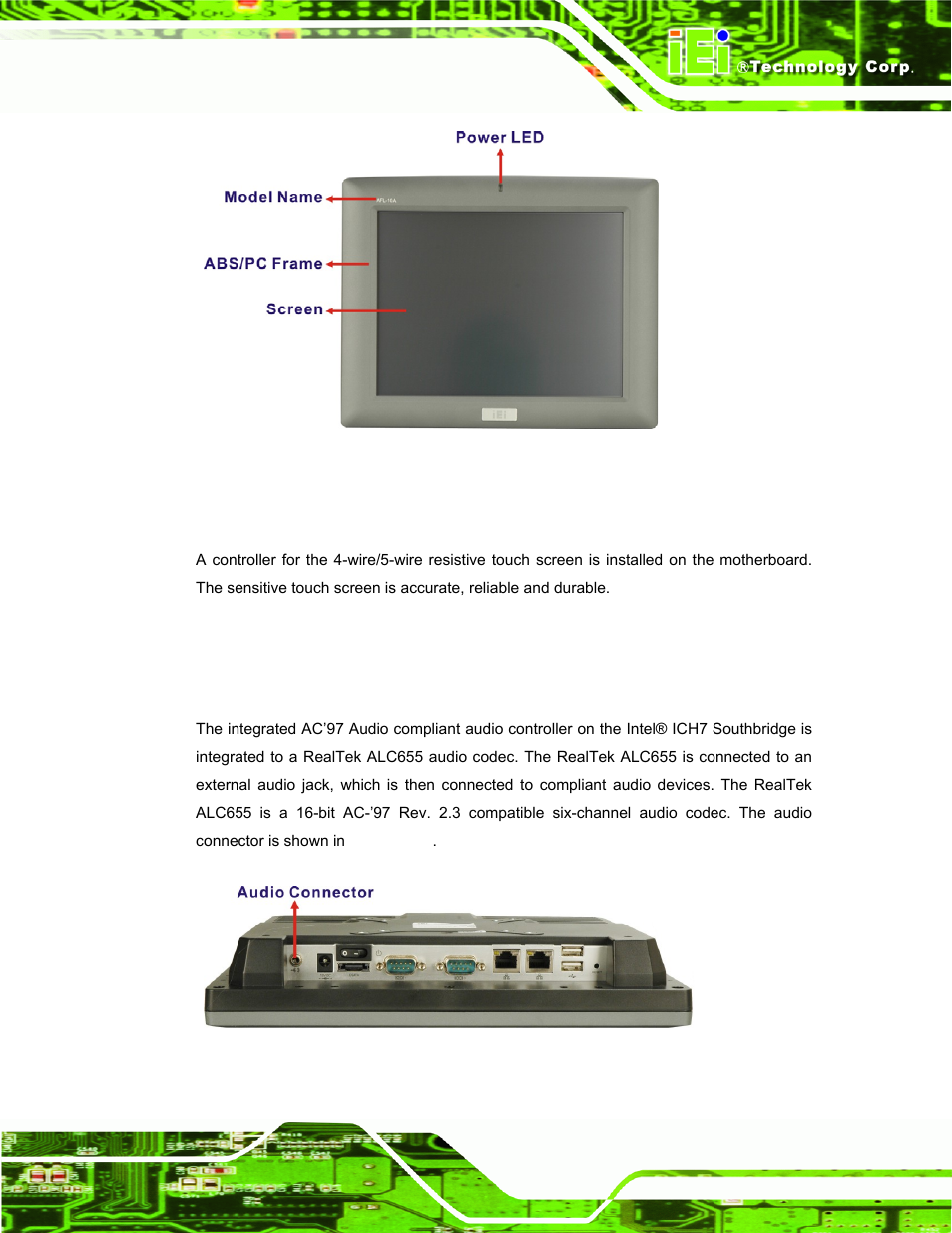 2 touch-screen module, 6 audio, 1 ac’97 audio codec controller | Udio, Figure 2-9: lcd screen, Figure 2-10: audio jack | IEI Integration AFL-xxA-N270-Series v2.00 User Manual | Page 34 / 171