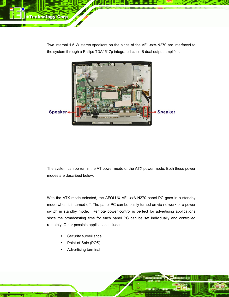 2 stereo speakers, 7 system power, 1 power mode | 1 atx power mode (default), Ystem, Ower, Figure 2-11: stereo speakers | IEI Integration AFL-xxA-N270-Series v2.00 User Manual | Page 35 / 171