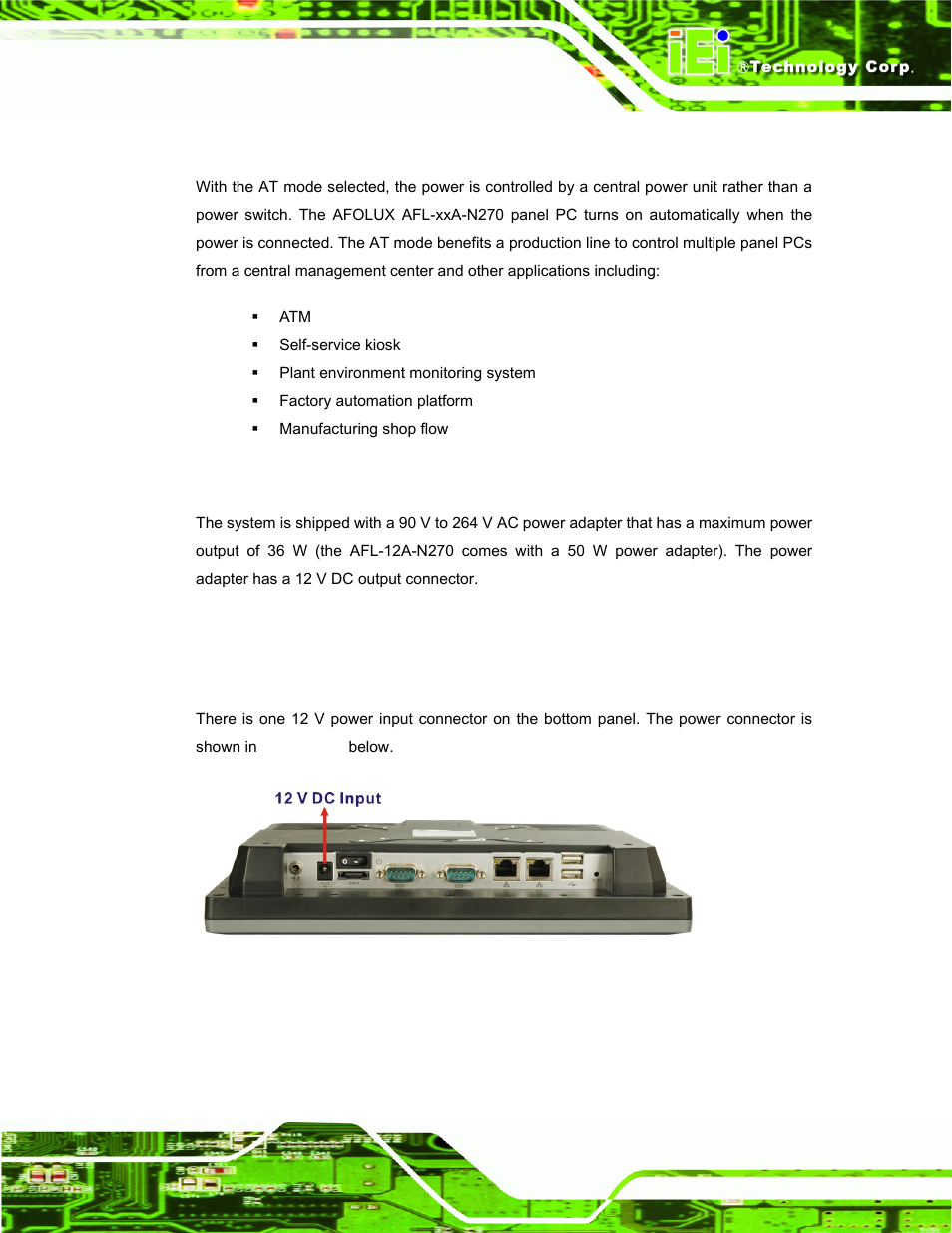 2 at power mode, 2 power adapter, 3 power connector | Figure 2-12: power connector | IEI Integration AFL-xxA-N270-Series v2.00 User Manual | Page 36 / 171