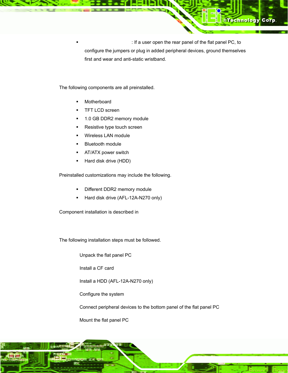 3 preinstalled components, 4 installation and configuration steps, Reinstalled | Omponents, Nstallation and, Onfiguration, Teps | IEI Integration AFL-xxA-N270-Series v2.00 User Manual | Page 46 / 171