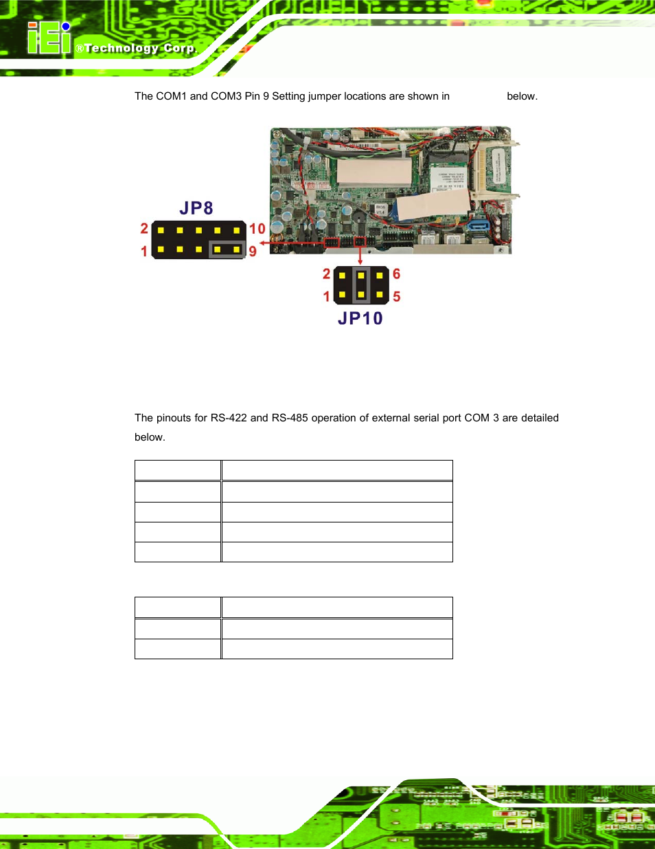 1 com3 rs-422 and rs-485 pinouts, Table 4-6: rs-422 pinouts, Table 4-7: rs-485 pinouts | See figure 4-8 | IEI Integration AFL-xxA-N270-Series v2.00 User Manual | Page 55 / 171