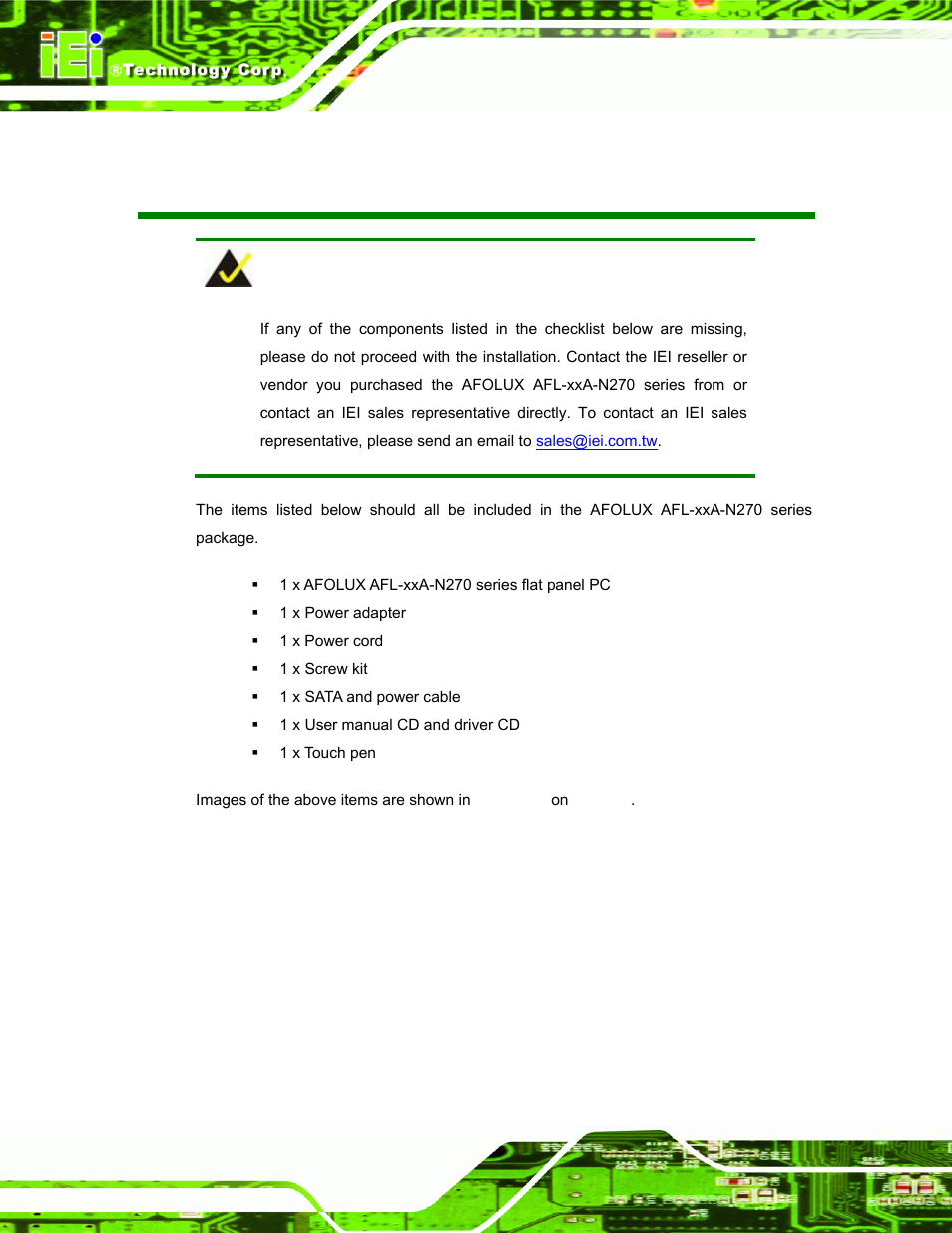 Packing list | IEI Integration AFL-xxA-N270-Series v2.00 User Manual | Page 6 / 171