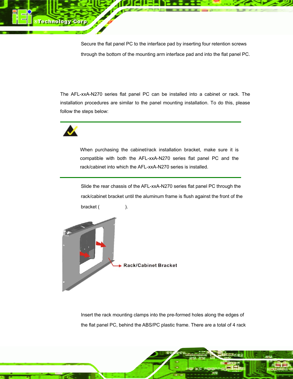 4 cabinet and rack installation, Figure 4-22: the rack/cabinet bracket | IEI Integration AFL-xxA-N270-Series v2.00 User Manual | Page 67 / 171