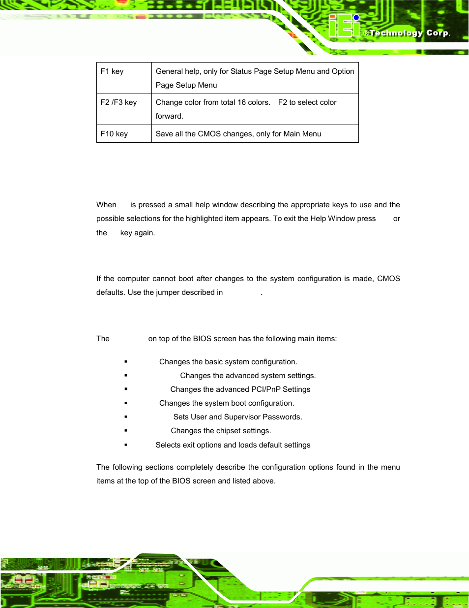 3 getting help, 4 unable to reboot after configuration changes, 5 bios menu bar | Table 6-1: bios navigation keys | IEI Integration AFL-xxA-N270-Series v2.00 User Manual | Page 82 / 171