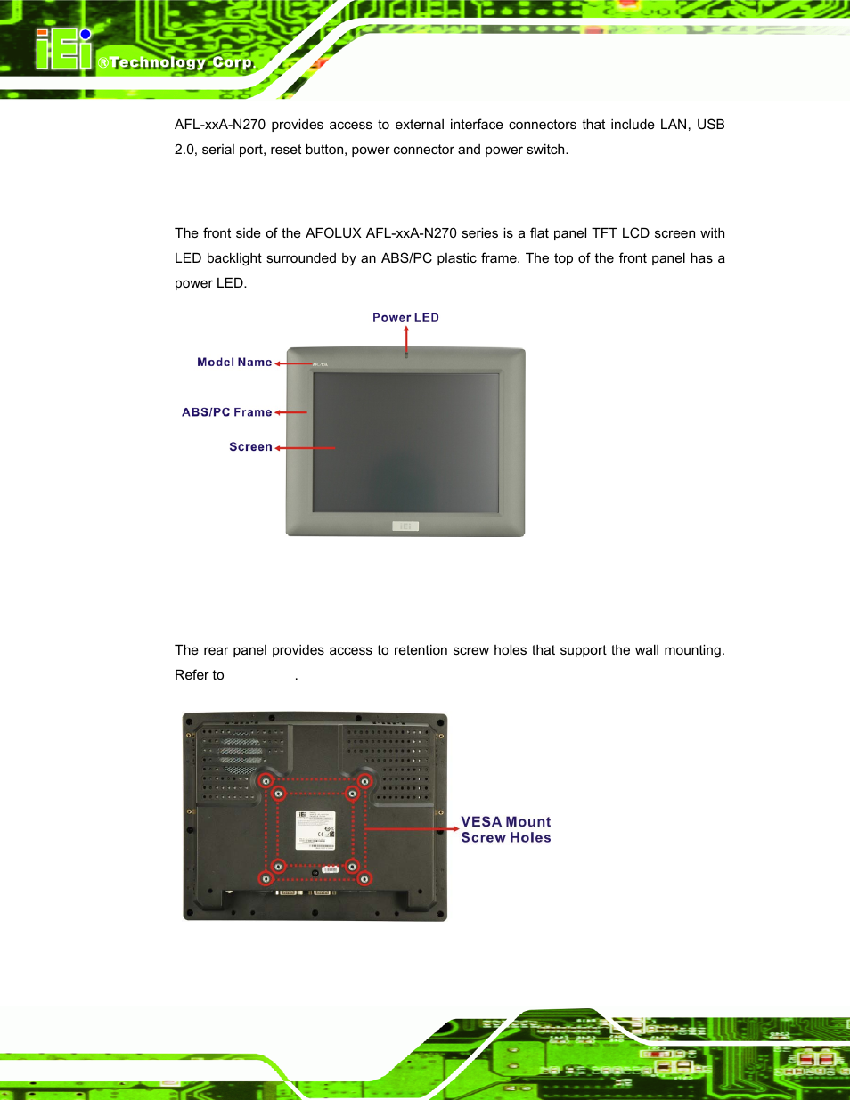 2 front panel, 3 rear panel, Figure 1-2: afl-xxa-n270 front view | Figure 1-3: afl-xxa-n270 rear view | IEI Integration AFL-xxA-N270-Series v2.11 User Manual | Page 18 / 170