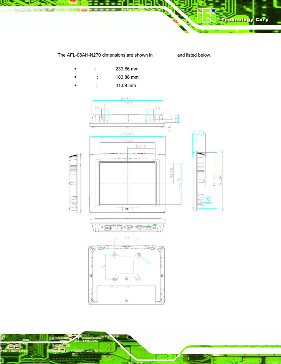 2 afl-08ah-n270 dimensions, Figure 2-2: afl-08ah-n270 dimensions (mm) | IEI Integration AFL-xxA-N270-Series v2.11 User Manual | Page 25 / 170