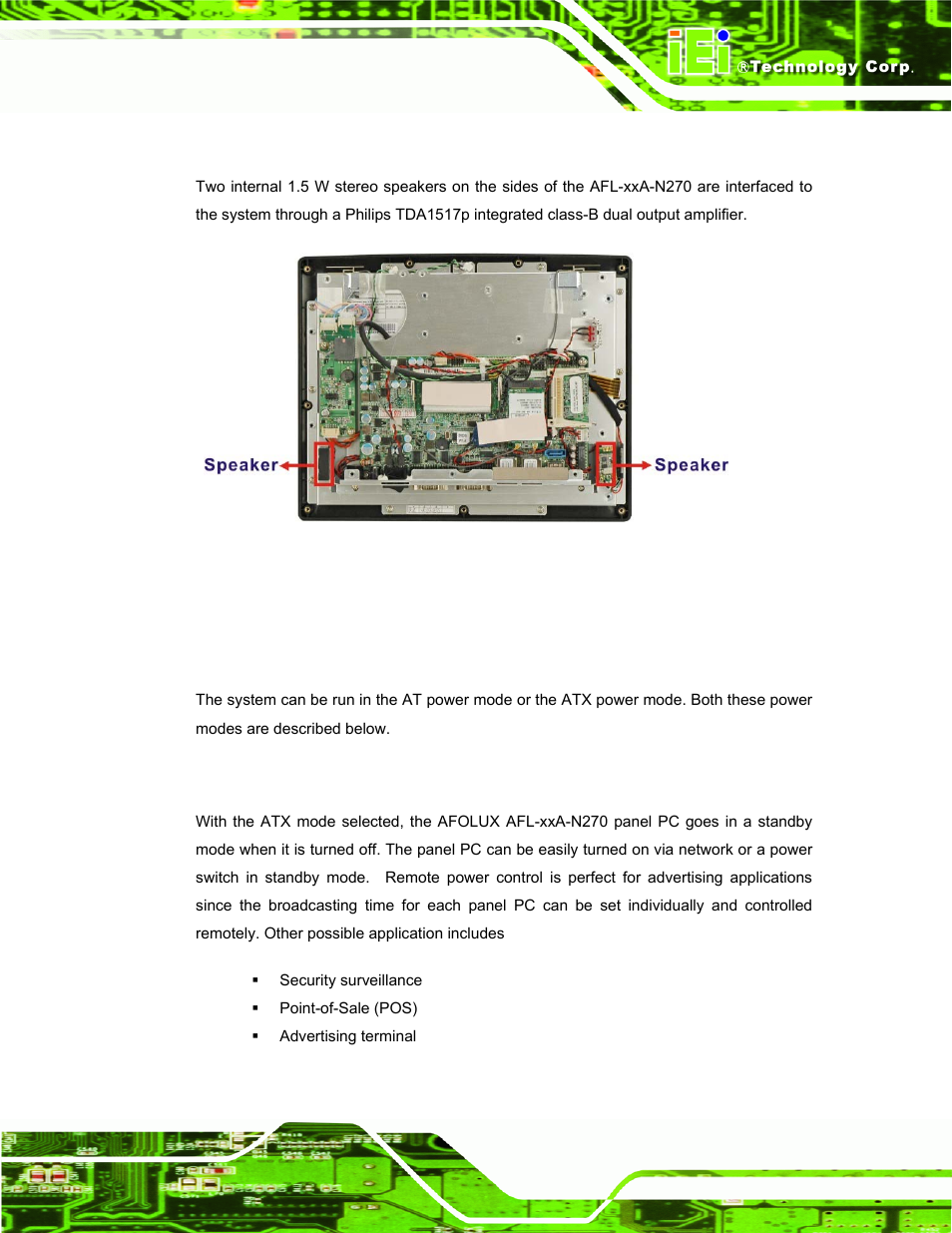 2 stereo speakers, 7 system power, 1 power mode | 1 atx power mode (default), Ystem, Ower, Figure 2-11: stereo speakers | IEI Integration AFL-xxA-N270-Series v2.11 User Manual | Page 33 / 170