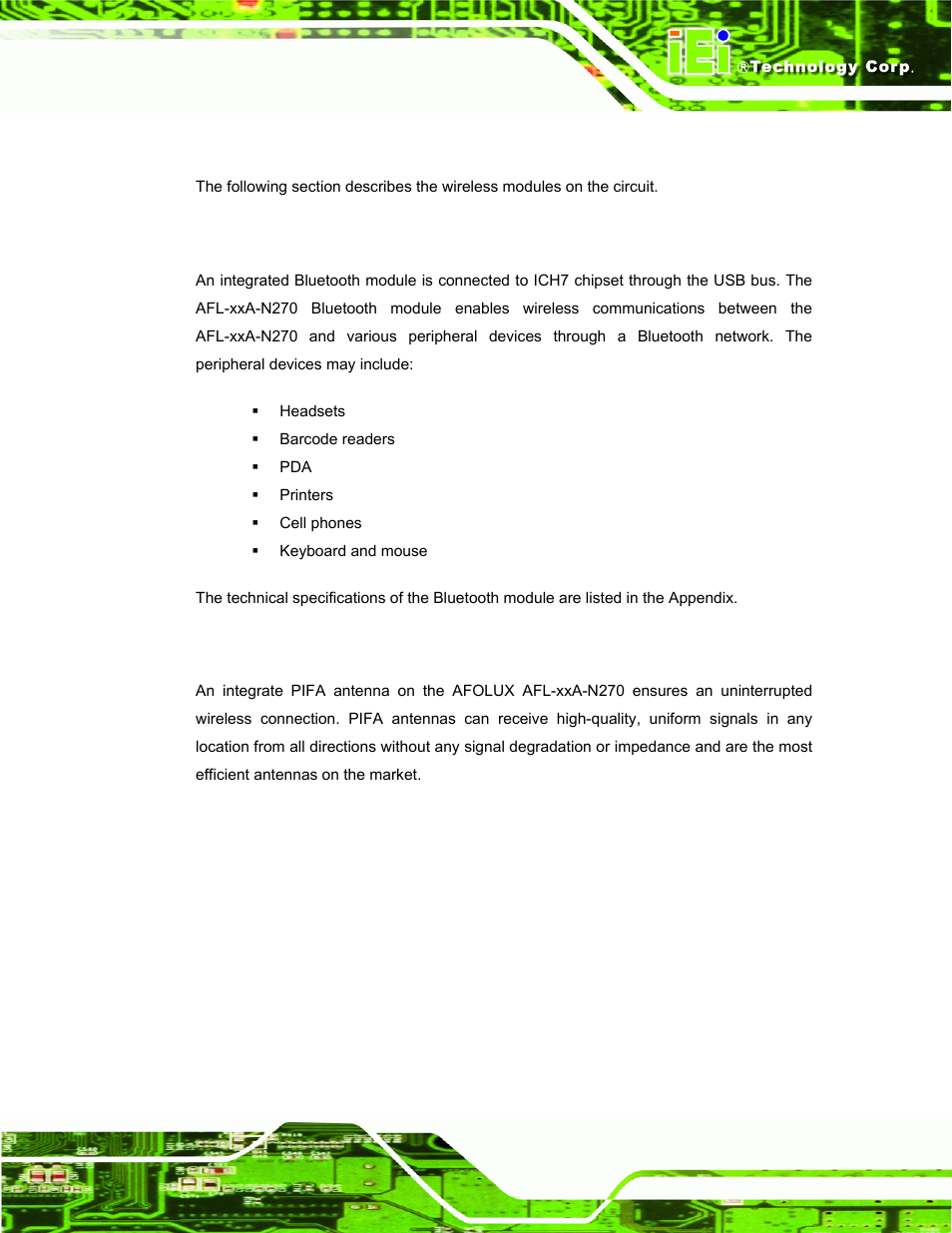 8 wireless connections, 1 usb bluetooth module, 2 wireless ethernet | Ireless, Onnections | IEI Integration AFL-xxA-N270-Series v2.11 User Manual | Page 35 / 170